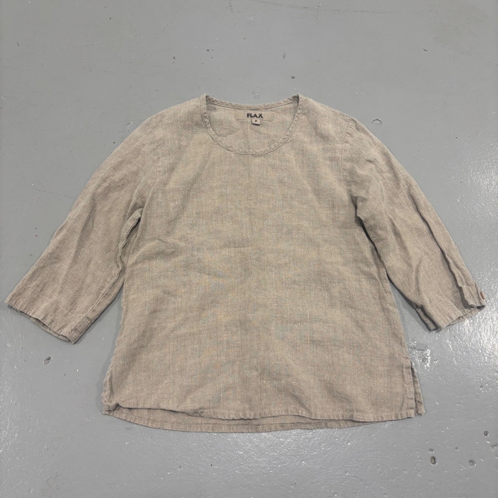 FLAX 100% Linen Top Oatmeal Beige 3/4 Sleeve Lagenlook Blouse Size P